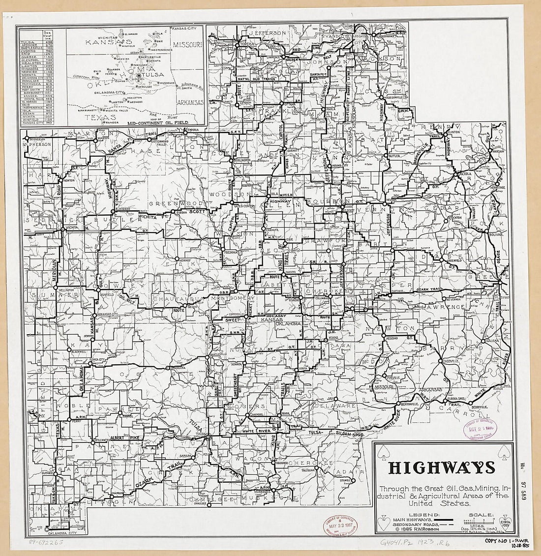 This old map of Highways Through the Great Oil, Gas, Mining, Industrial &amp; Agricultural Areas of the United States from 1923 was created by F. W. (Floyd William) Robson in 1923