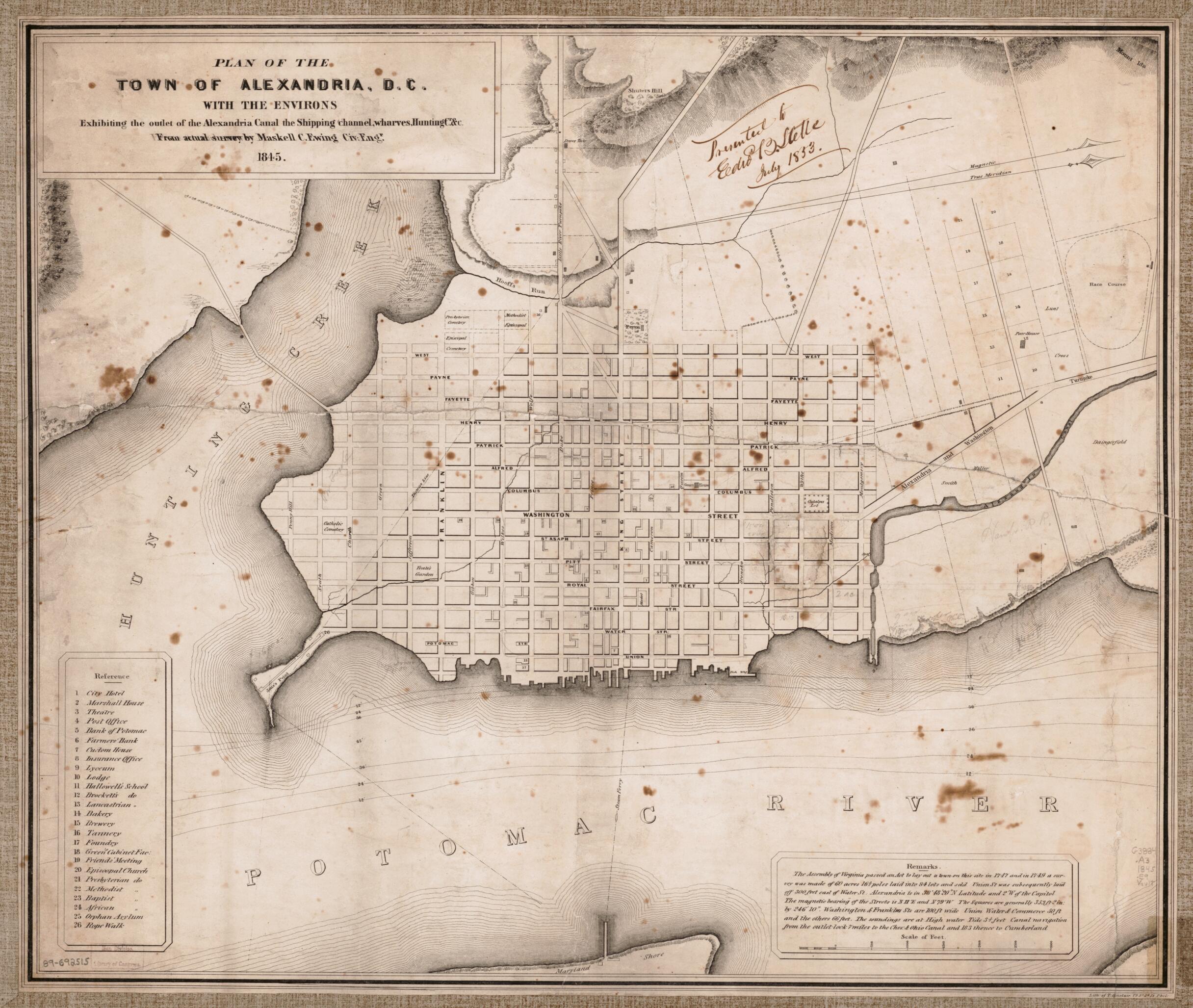 This old map of Plan of the Town of Alexandria, D.C. With the Environs : Exhibiting the Outlet of the Alexandria Canal, the Shipping Channel, Wharves, Hunting Cr. &amp;c from 1845 was created by Maskell C. Ewing, T. (Thomas) Sinclair, Edw. B. Stelle in 1845