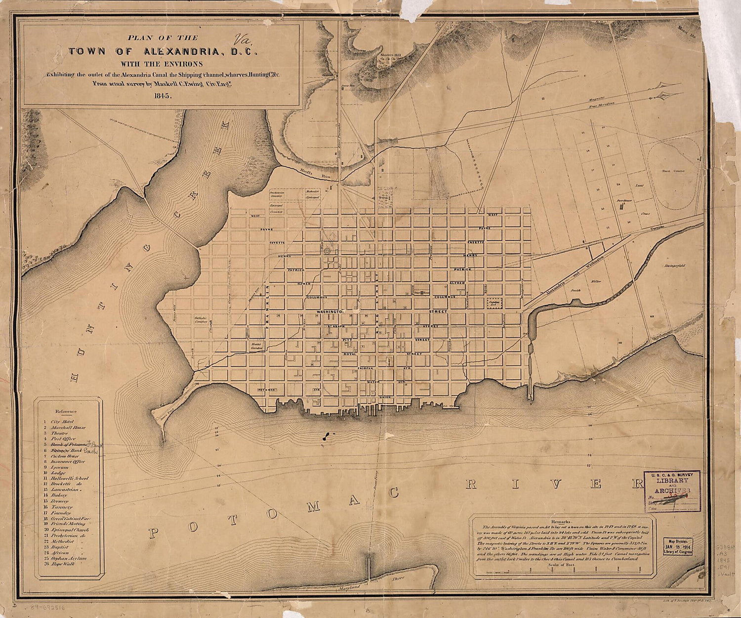 This old map of Plan of the Town of Alexandria, D.C. With the Environs : Exhibiting the Outlet of the Alexandria Canal, the Shipping Channel, Wharves, Hunting Cr. &amp;c from 1845 was created by Maskell C. Ewing, T. (Thomas) Sinclair in 1845