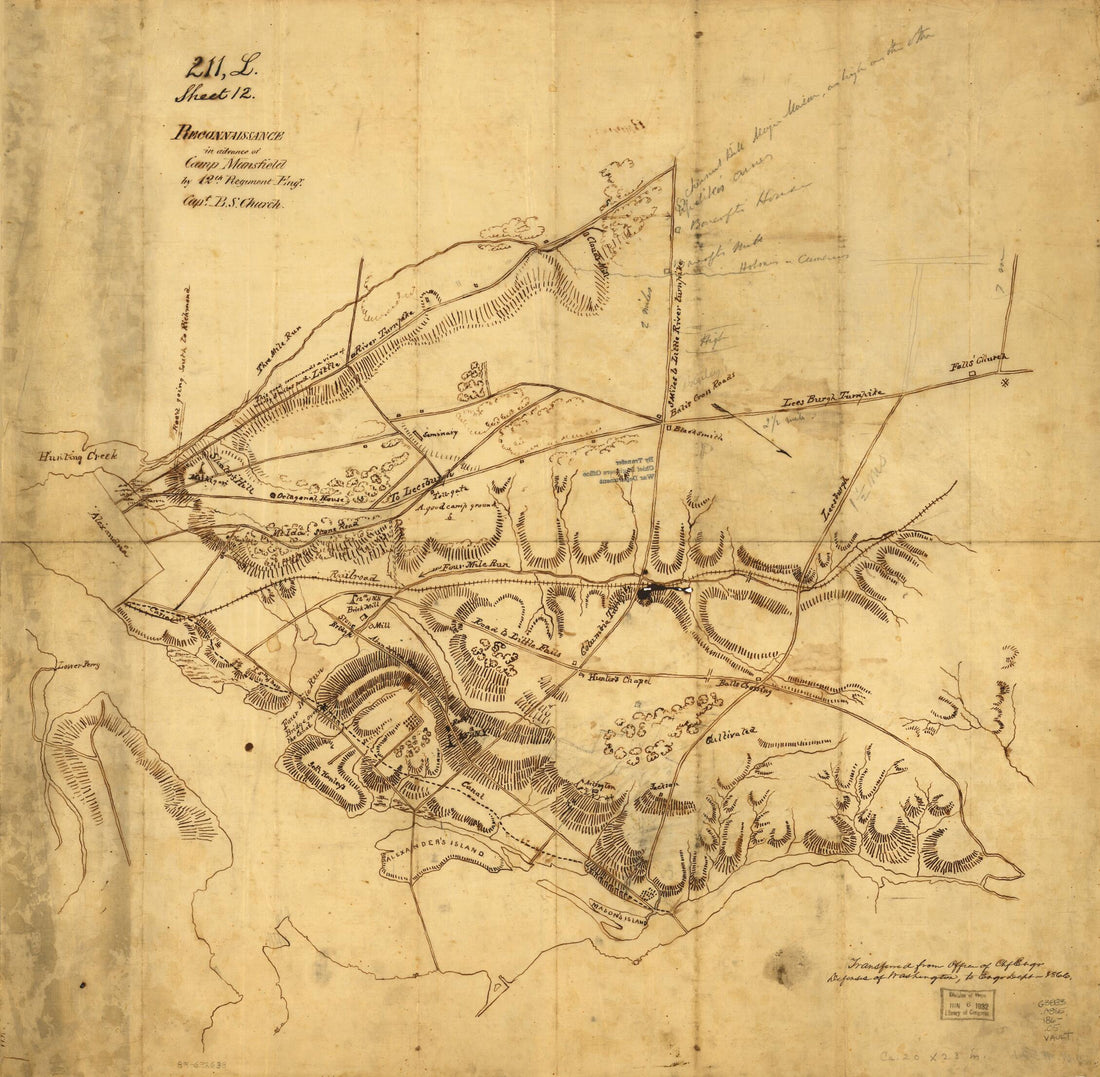 This old map of Reconnaissance In Advance of Camp Mansfield from 1861 was created by B. S. (Benjamin Silliman) Church in 1861