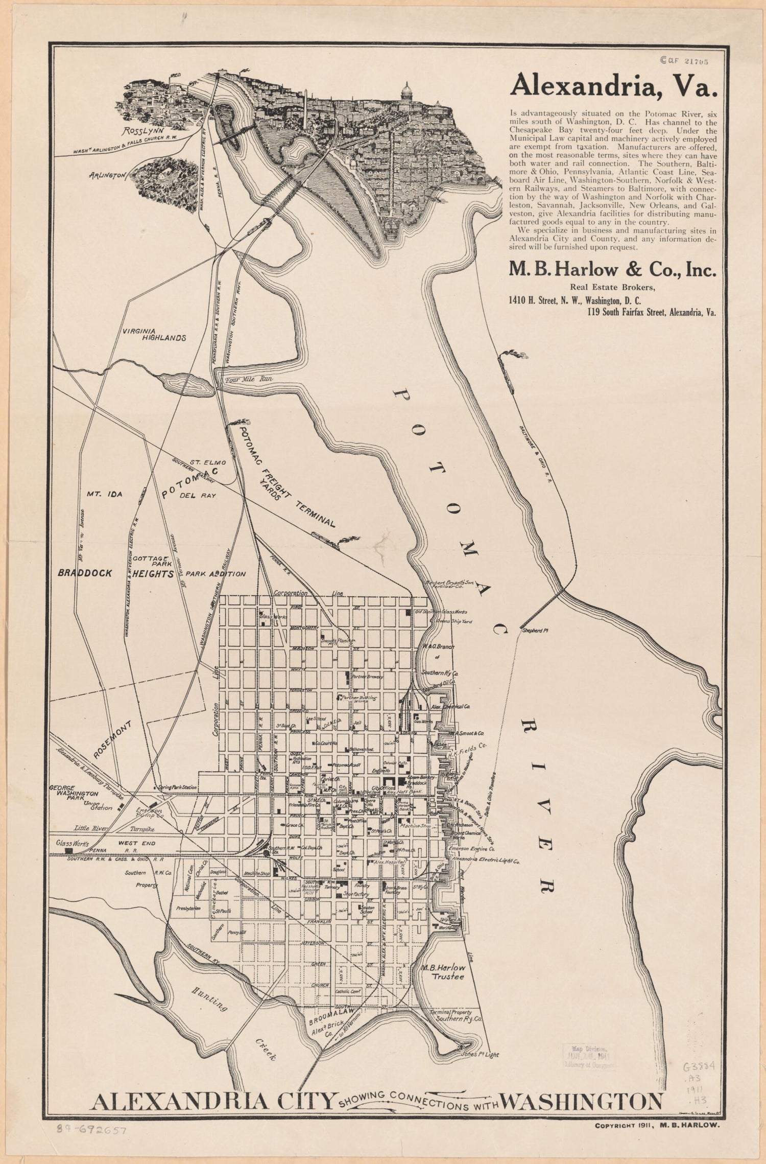 This old map of Alexandria City Showing Connections With Washington from 1911 was created by M. B. (Michael B.) Harlow,  Howell &amp; Taylor,  M.B. Harlow &amp; Co in 1911