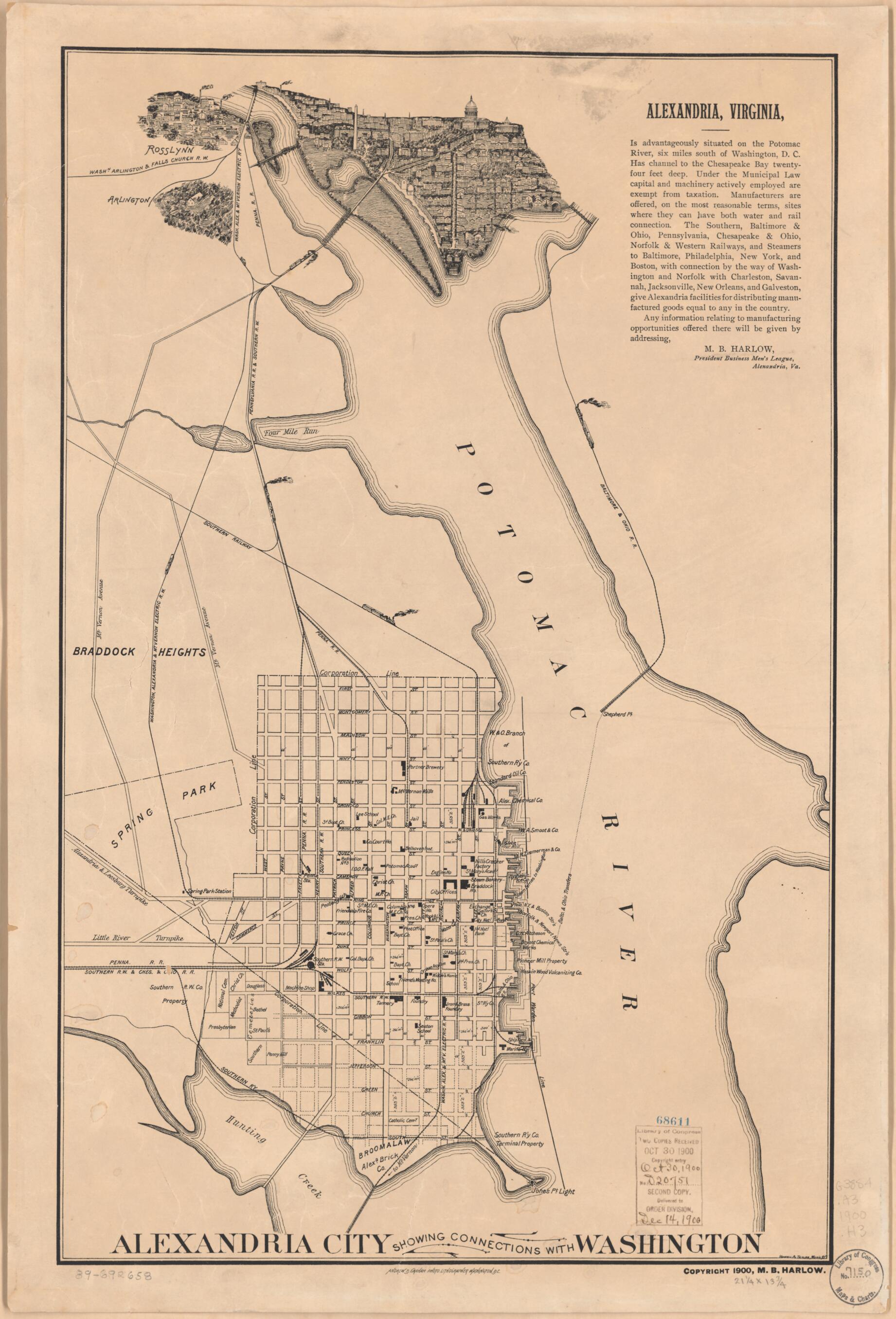 This old map of Alexandria City Showing Connections With Washington from 1900 was created by Andrew B. Graham, M. B. (Michael B.) Harlow,  Howell &amp; Taylor in 1900