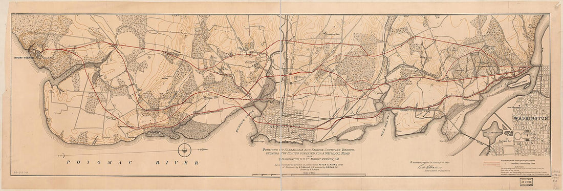 This old map of Portions of Alexandria and Fairfax Counties, Virginia, Showing the Routes Surveyed for a National Road from Washington, D.C. to Mount Vernon, Va from 1890 was created by S. W. Clark, Peter C. (Peter Conover) Haines, B. F. (Benjamin F.) Ma