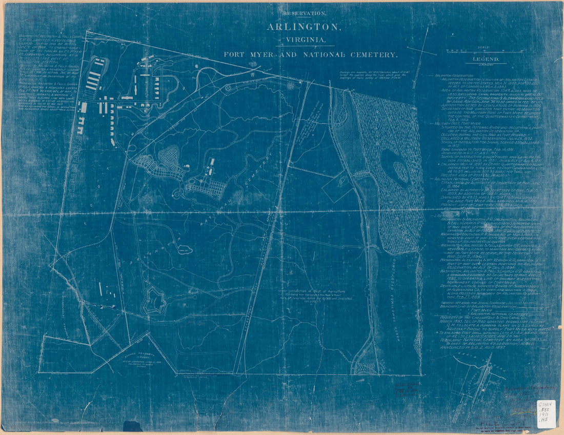 This old map of Reservation, Arlington, Virginia, Fort Myer and National Cemetery from 1911 was created by J.M. Hilton in 1911