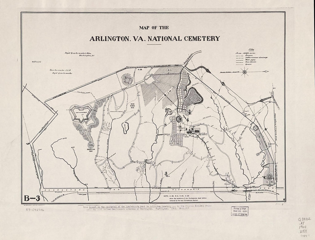 This old map of Map of the Arlington, Va. National Cemetery from 1901 was created by  Norris Peters Co, D.C. Division. Charles Broadway Rouss Camp No United Confederate Veterans. Washington,  United States. Army. Quartermaster Corps. Depot Quartermaster&