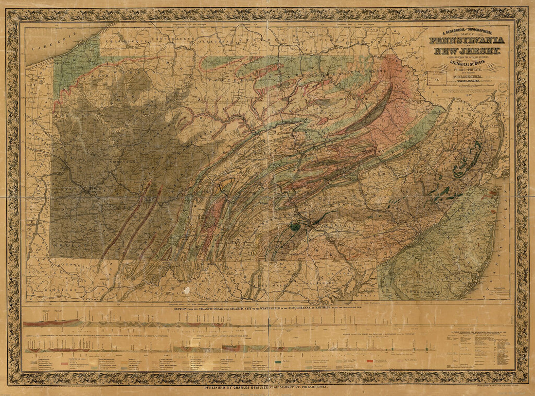This old map of A Geological and Topographical Map of Pennsylvania and New Jersey : Compiled from the Official Reports of the Geological Surveys and from Various Other Sources Public and Private from 1857 was created by Charles Desilver,  Herline &amp; Hense