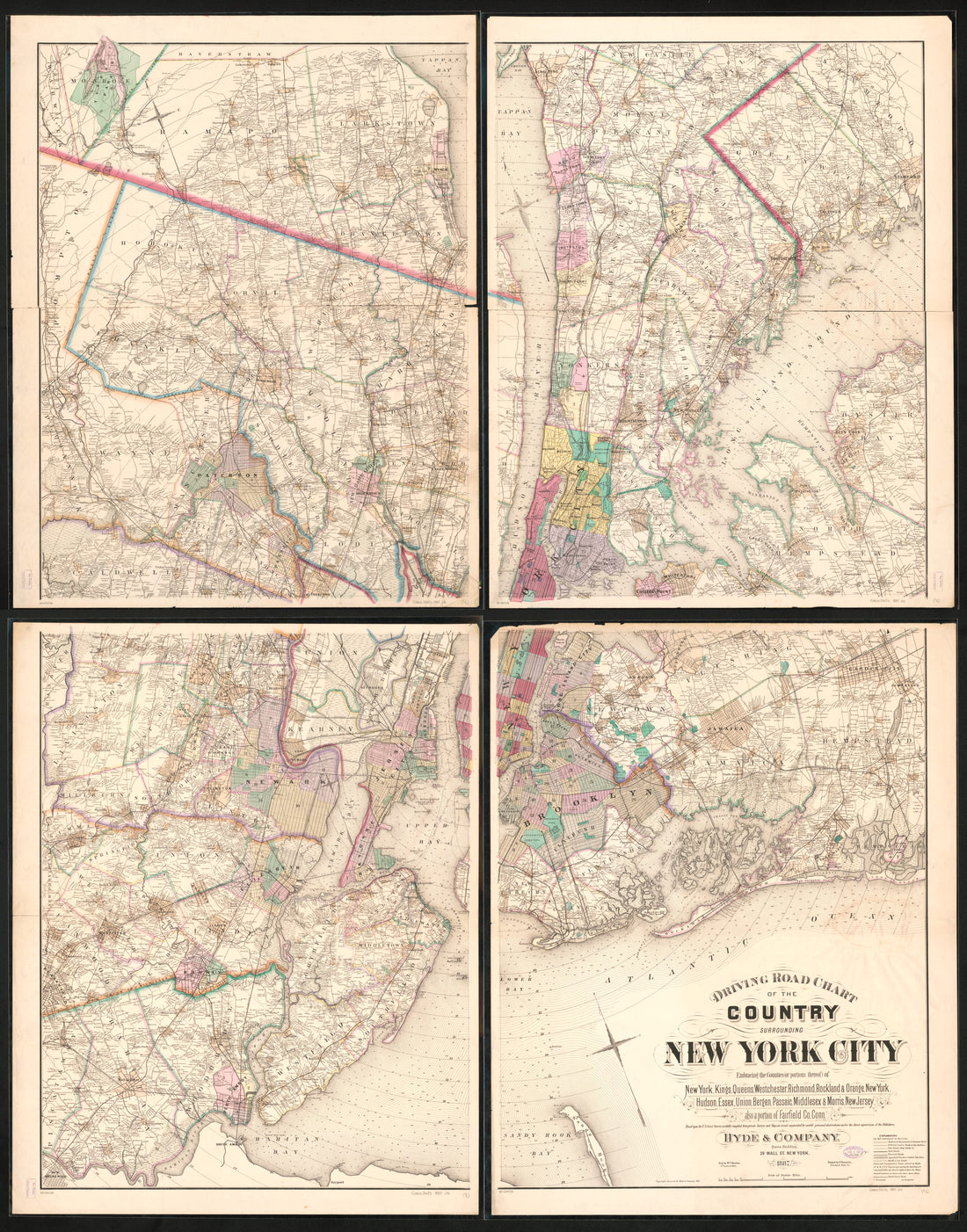 This old map of Driving Road Chart of the Country Surrounding New York City : Embracing the Counties (or Portions Thereof) of New York, Kings, Queens, Westchester, Richmond, Rockland &amp; Orange, New York, Hudson, Essex, Union, Bergen, Passaic, Middlesex &amp; 