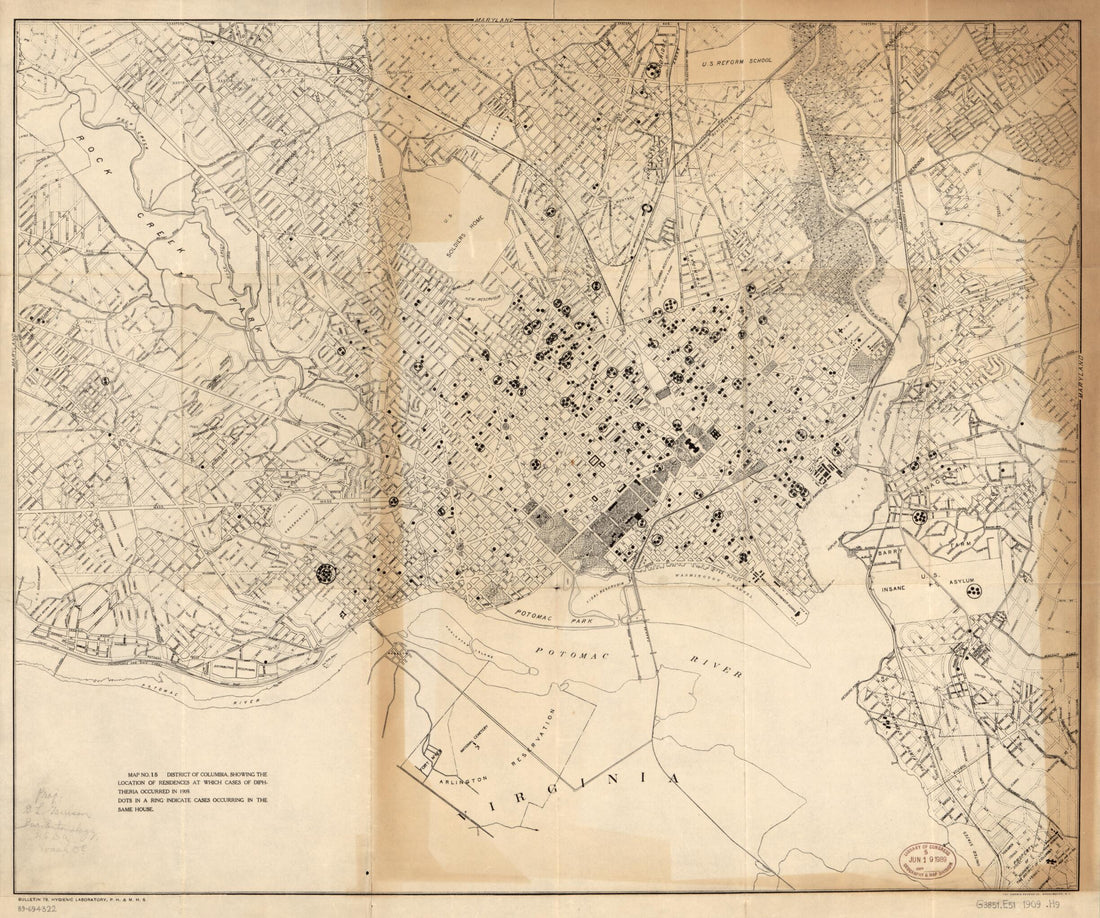 This old map of Map No. 15, District of Columbia, Showing the Location of Residences at Which Cases of Diphtheria Occurred In from 1909 was created by  Hygienic Laboratory (U.S.) in 1909