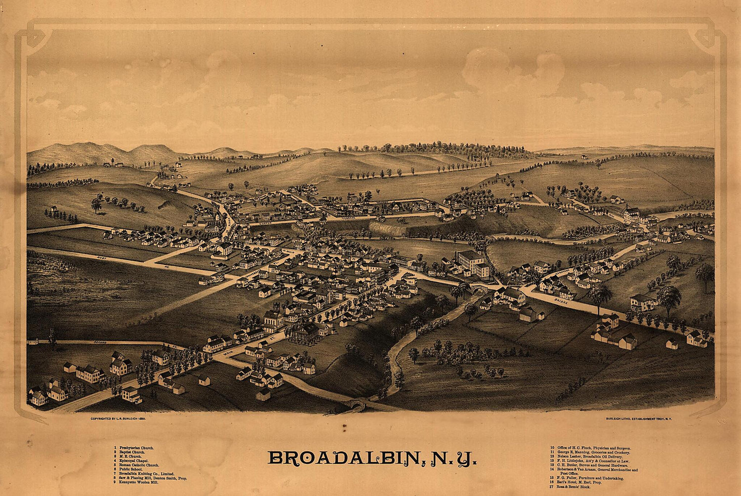 This old map of Broadalbin, New York from 1880 was created by  Burleigh Litho, L. R. (Lucien R.) Burleigh in 1880