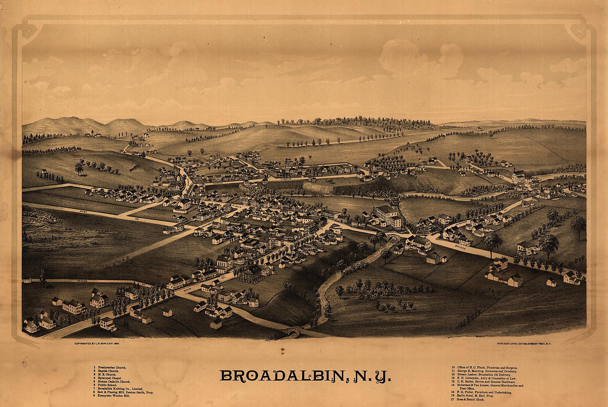 This old map of Broadalbin, New York from 1880 was created by  Burleigh Litho, L. R. (Lucien R.) Burleigh in 1880