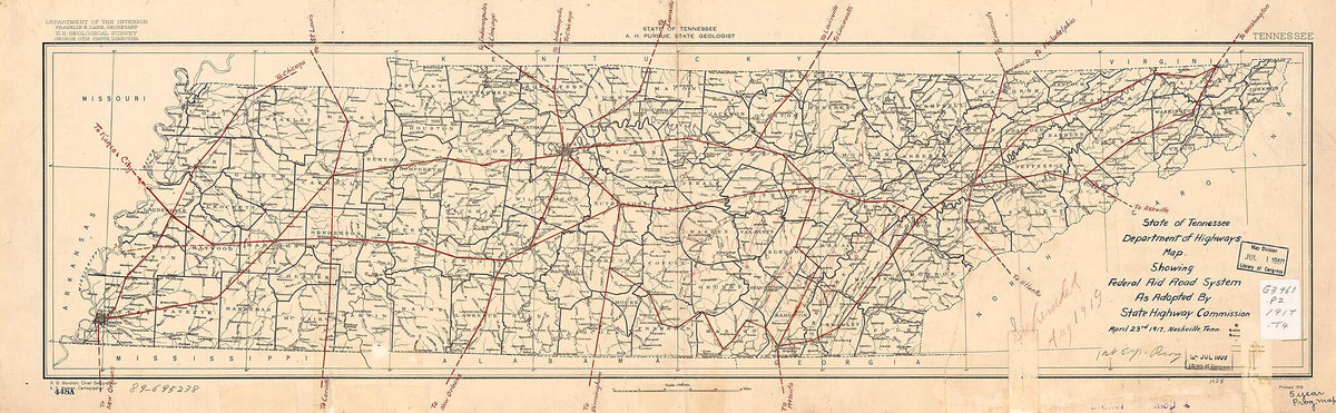Map Showing Federal Aid Road System As Adapted by State Highway Commission, April 23rd 1917, Nashville, Tenn by Relic Map Company