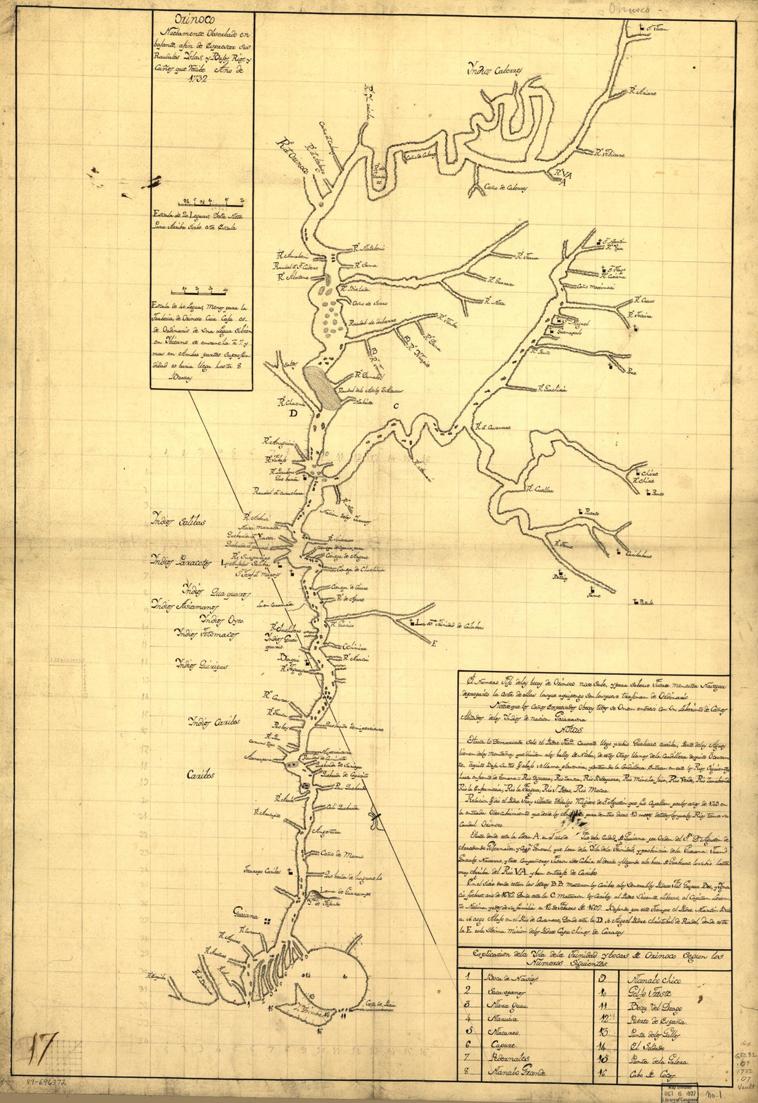 This old map of Orinoco, Nuebamente Obserbado En Bajante, Afin De Espresar Sus Raudales, Yslas Y Bajos, Rios Y Caños Que Vezibe : Año from 1732 was created by  in 1732