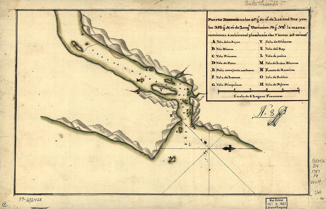 This old map of Puerto Deseado En Los 47 Gs. 50 Ms. De Latitud Sur Y En Los 313 Gs. 16 Ms. De Longd., Variación 18 Gs. NE La Marea Comienza à Subiren El Plenilunio Alas 7 Horas 45 Minuts from 1787 was created by  in 1787
