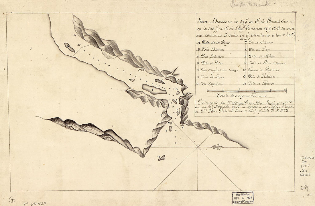 This old map of Puerto Deseado En Los 47 Gs. 50 Ms. De Latitud Sur Y En Los 313 Gs. 16 Ms. De Longd., Variación 18 Gs. N.E. La Marea Comienza à Subir En El Plenilunio à Las 7 Hors from 1787 was created by Miguel García Diez in 1787