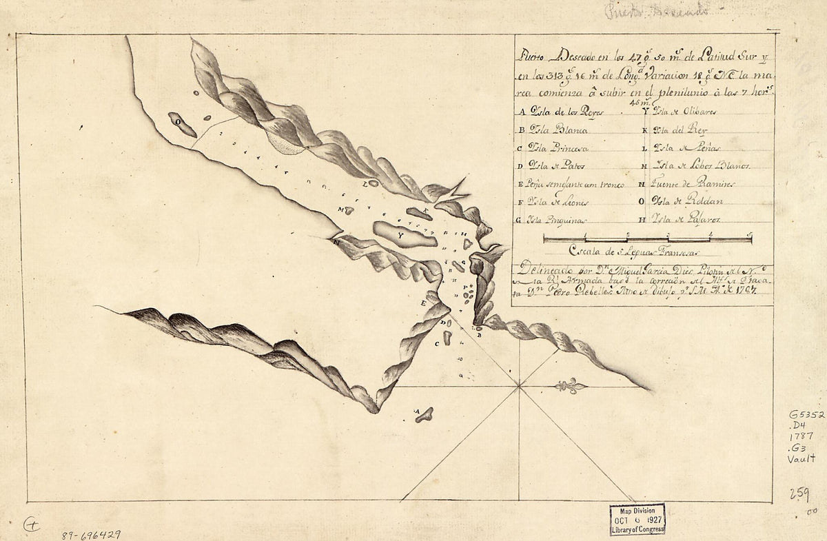 Puerto Deseado En Los 47 Gs. 50 Ms. De Latitud Sur Y En Los 313 Gs. 16 Ms. De Longd., Variación 18 Gs. N.E. La Marea Comienza à Subir En El Plenilunio à Las 7 Hors 1787 by Relic Map Company