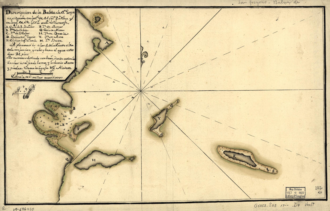 This old map of Descripción De La Bahía De Sn. Gregorio, Situada En Latd. De 45 Grs. 2 Ms. Sur Y En Longd. De 310 Gs. 55 Ms., Merd. De Thenerife from 1700 was created by  in 1700