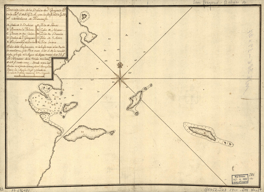 This old map of Descripción De La Bahía De Sn. Gregorio Sitda. En La Latd. S. De 45 Gs. 2. Ms. Y En La Longd. De 310. Gs. 55 Ms., Meridians De Thenerife from 1700 was created by  in 1700