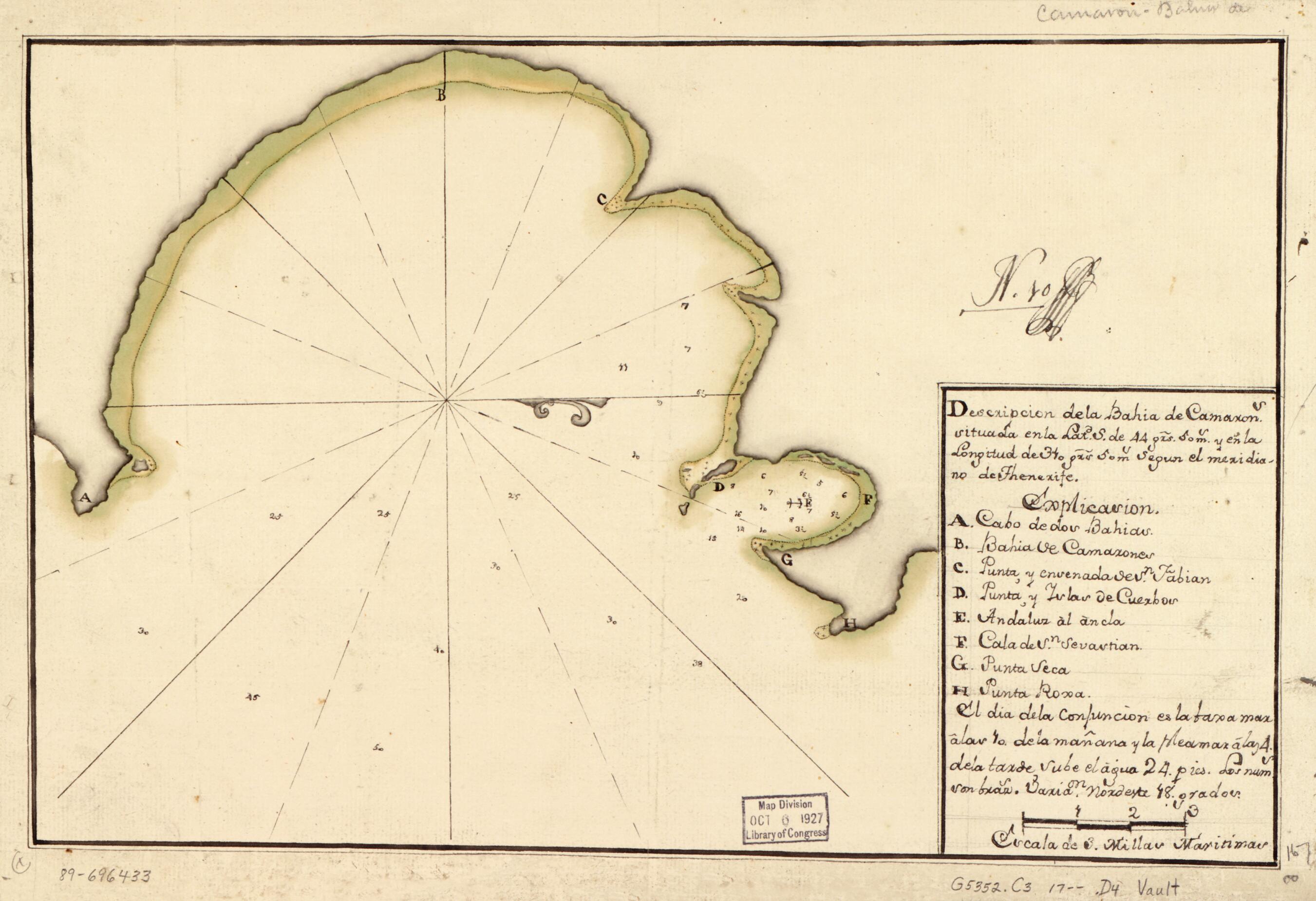 This old map of Descripción De La Bahía De Camarons. Situada En La Latd. S. De 44 Grs. 50 Ms. Y En La Longitud De 310 Grs. 50 Ms. Según El Meridiano De Thenerife from 1700 was created by  in 1700