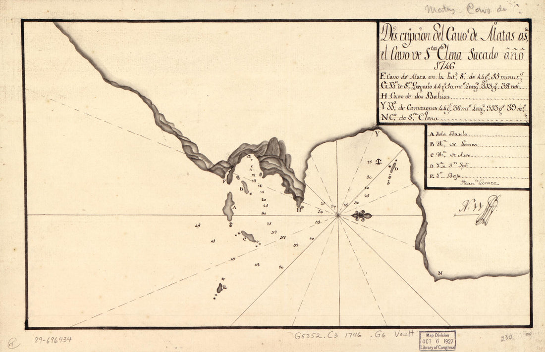 This old map of Discripción Del Cauo De Matas Asta., El Cauo De Sta. Elena, Sacado Año from 1746 was created by Francisco Gómez in 1746