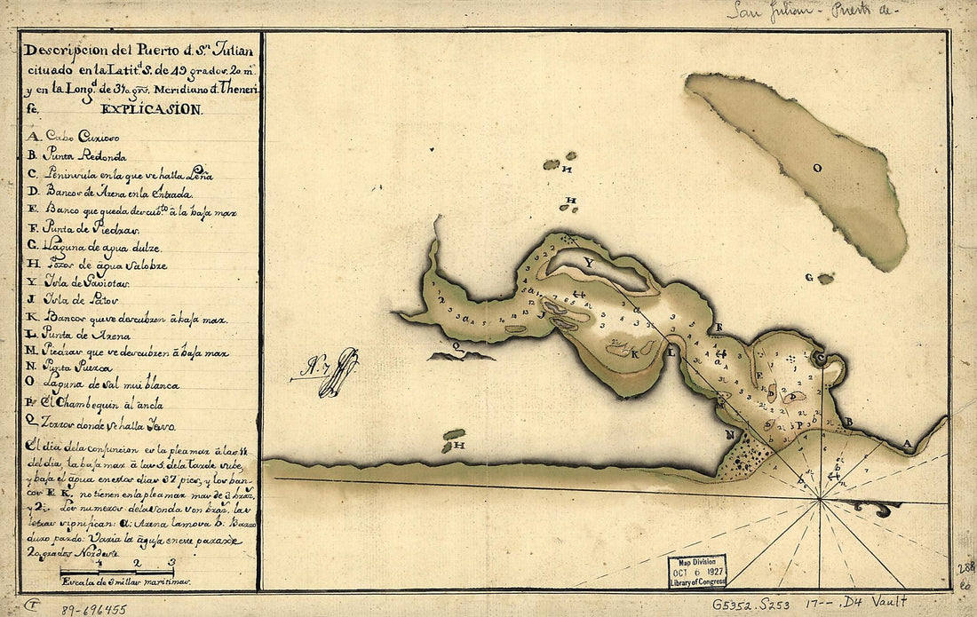 This old map of Descripción Del Puerto D. Sn. Julián Cituado En La Latitd. S. De 49 Grados 20 Ms. Y En La Longd. De 310 Grs., Meridiano D. Thenerife from 1700 was created by  in 1700