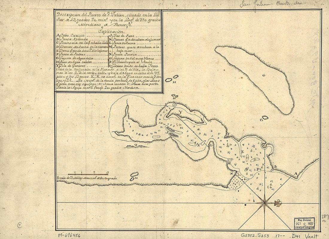 This old map of Descripción Del Puerto De Sn. Julián Situado En La Latd. Sur De 49 Grados 20 Mins. Y En La Longd. De 310 Grados, Merediano De Thenerife from 1700 was created by  in 1700