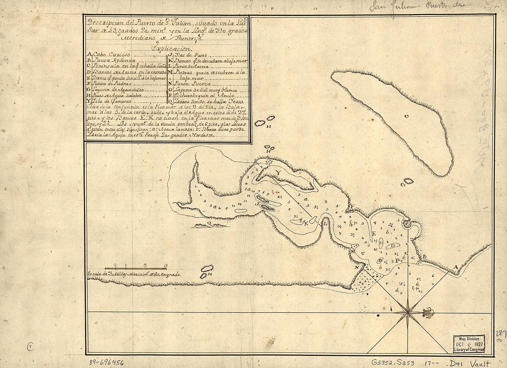 This old map of Descripción Del Puerto De Sn. Julián Situado En La Latd. Sur De 49 Grados 20 Mins. Y En La Longd. De 310 Grados, Merediano De Thenerife from 1700 was created by  in 1700