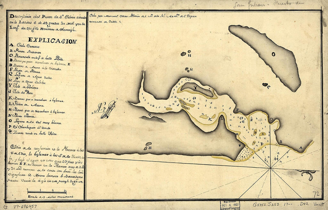 This old map of Descripción Del Puerto De Sn. Julián Situado En La Latitud S. De 49 Grados 20 Mins. Y En La Longd. De 310 Grs., Meridiano De Thenerife from 1700 was created by  in 1700