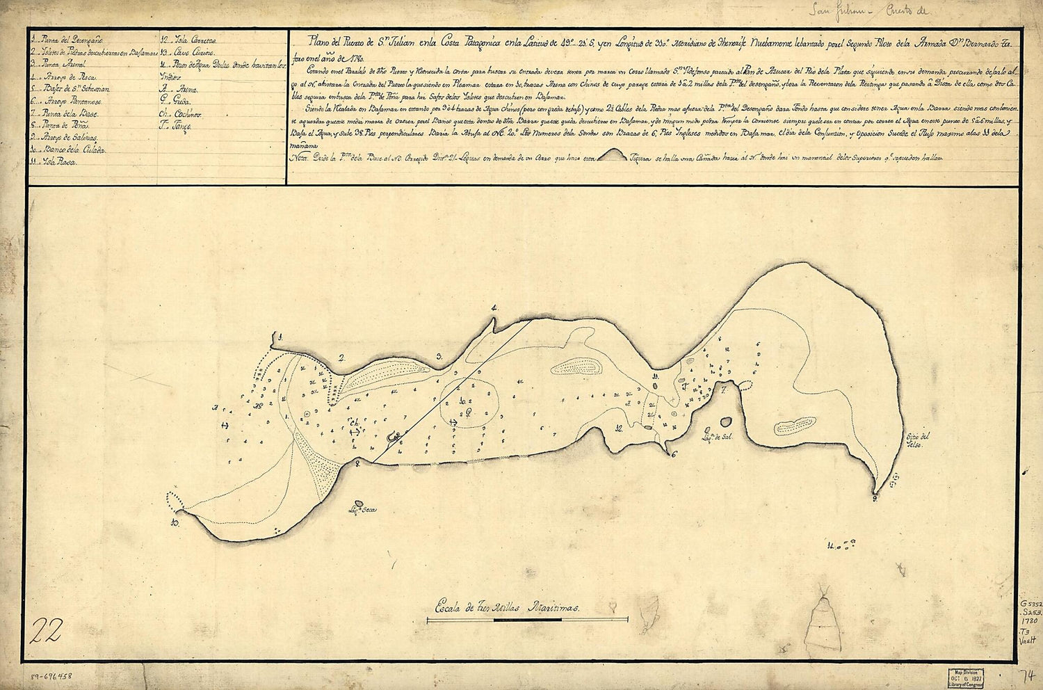 This old map of Plano Del Puerto De Sn. Julián En La Costa Patagonica En La Latitud De 49⁰ 21ʹ S Y En Longitud De 310⁰, Meridiano De Thenerife from 1780 was created by Bernardo Taforo in 1780