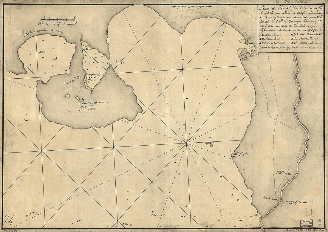 This old map of Plano Del Pto. De Sn. José Cituado En Latd. S. 42 Grs. Y En Longd. De 312 Grs. Y 1 Mino., Mro. De Tenerife from 1780 was created by Bernardo Taforo in 1780