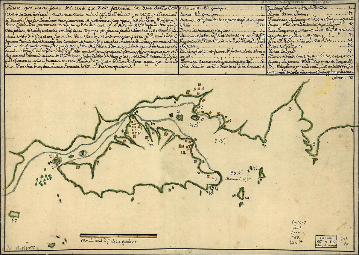 Plano Que Manifiesta Del Modo Que Csta Formada La Ysla Santa Cathalina En La Costa Del Brasil Situada Su Mediama En Los 27 Gos. Y 72 Ms. De Latitud Y En 327 Gs. Y 10 Ms., Merional De Tenerife 1700 by Relic Map Company