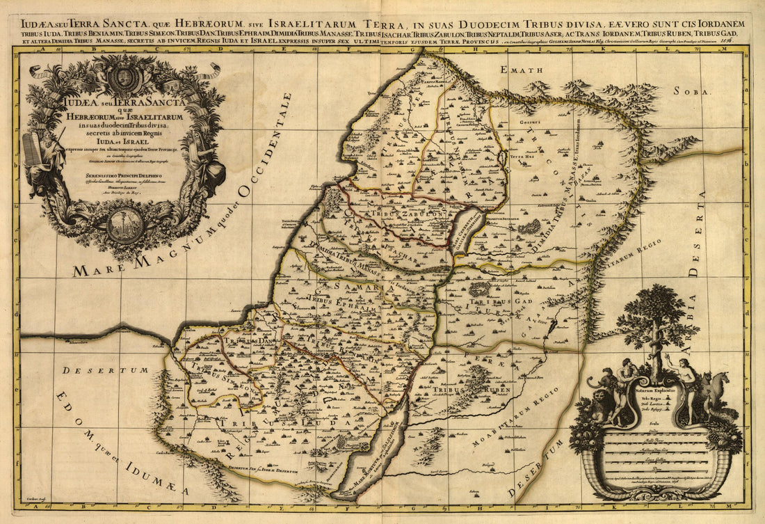 This old map of Iudæa Seu Terra Sancta, Quæ Hebræorum Sive Israelitarum In Suas Duodecim Tribus Divisa : Secretis Ab Invicem Regnis Iuda Et Israel Expressis Insuper Sex Ultimi Temporis Ejusdem Terræ Provincijs from 1696 was created by Louis Cordier, 