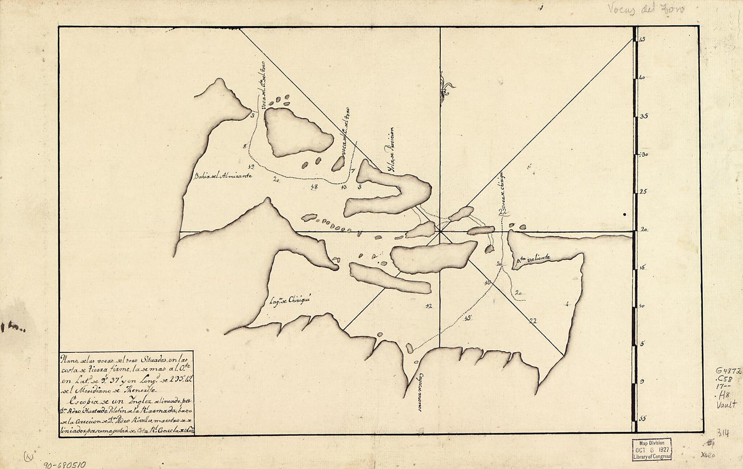 This old map of Plano De Las Vocas Del Toro Situadas En Las Costa De Tierra Firme, La De Mas a L. Ote. En Latd. De 9⁰37ʹ Y En Longd. De 293⁰42ʹ Del Meridiano De Thenerife from 1700 was created by Pedro Hurtado in 1700