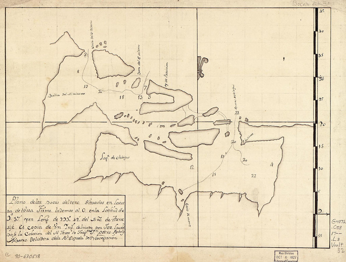 This old map of Plano De Las Bocas Del Toro Situadas En La Costa De Tierra Firme, La De Mas Al O. En La Latitud De 9⁰37ʹ Y En Longd. De 293⁰42ʹ Del Mro. De Thenerife from 1700 was created by José Lauriel in 1700