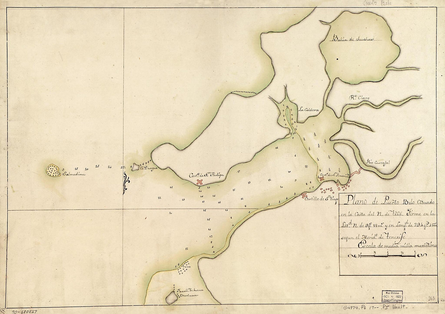 This old map of Plano De Puerto Belo Cituado En La Costa Del N. De Trra. Firme En La Latd. N. De 9 Gs. 18 Ms. Y En Longd. De 294 Gs. 45 Ms. Segun El Merido. De Tenerife from 1700 was created by  in 1700