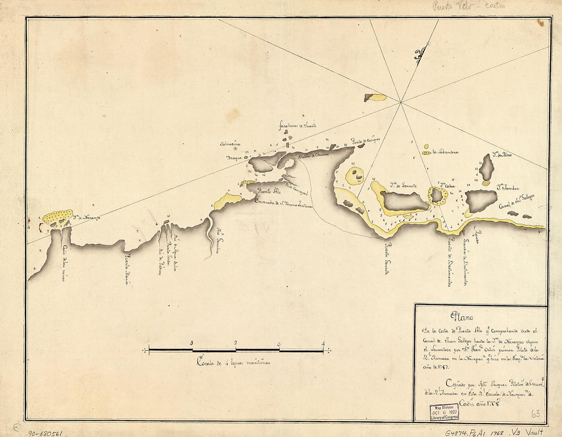 This old map of Plano De La Costa De Puerto Velo Qe. Comprehende Desde El Canal De Juan Gallegos Hasta La Ya. De Naranjos Segun El from 1768 was created by Joseph Vasquez in 1768