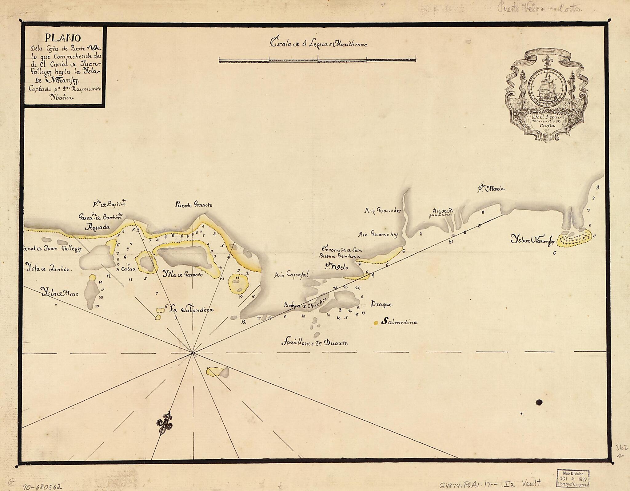 This old map of Plano De La Costa De Puerto Velo Que Comprehende Desde El Canal De Juan Gallegos Hasta La Ysla De Naranjos from 1700 was created by Raymundo Ibañez in 1700