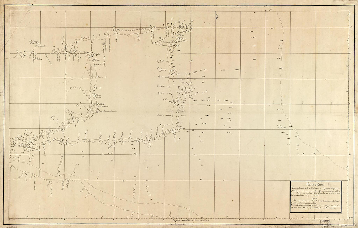 This old map of Carta Esférica Que Comprehende La Ysla De Trinidad Con Sus Adyacentes, Bajos, Sondas Y Veriles from 1793 was created by  in 1793