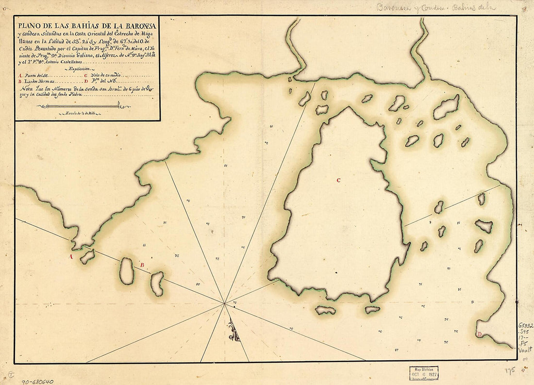 This old map of Plano De Las Bahías De La Baronesa Y Condesa Situadas En La Costa Oriental Del Estrecho De Magallanes En La Latitud De 53⁰24ʹS Y Longd. De 67⁰10ʹ Del O. De Cádiz from 1700 was created by Fernando De Miera in 1700
