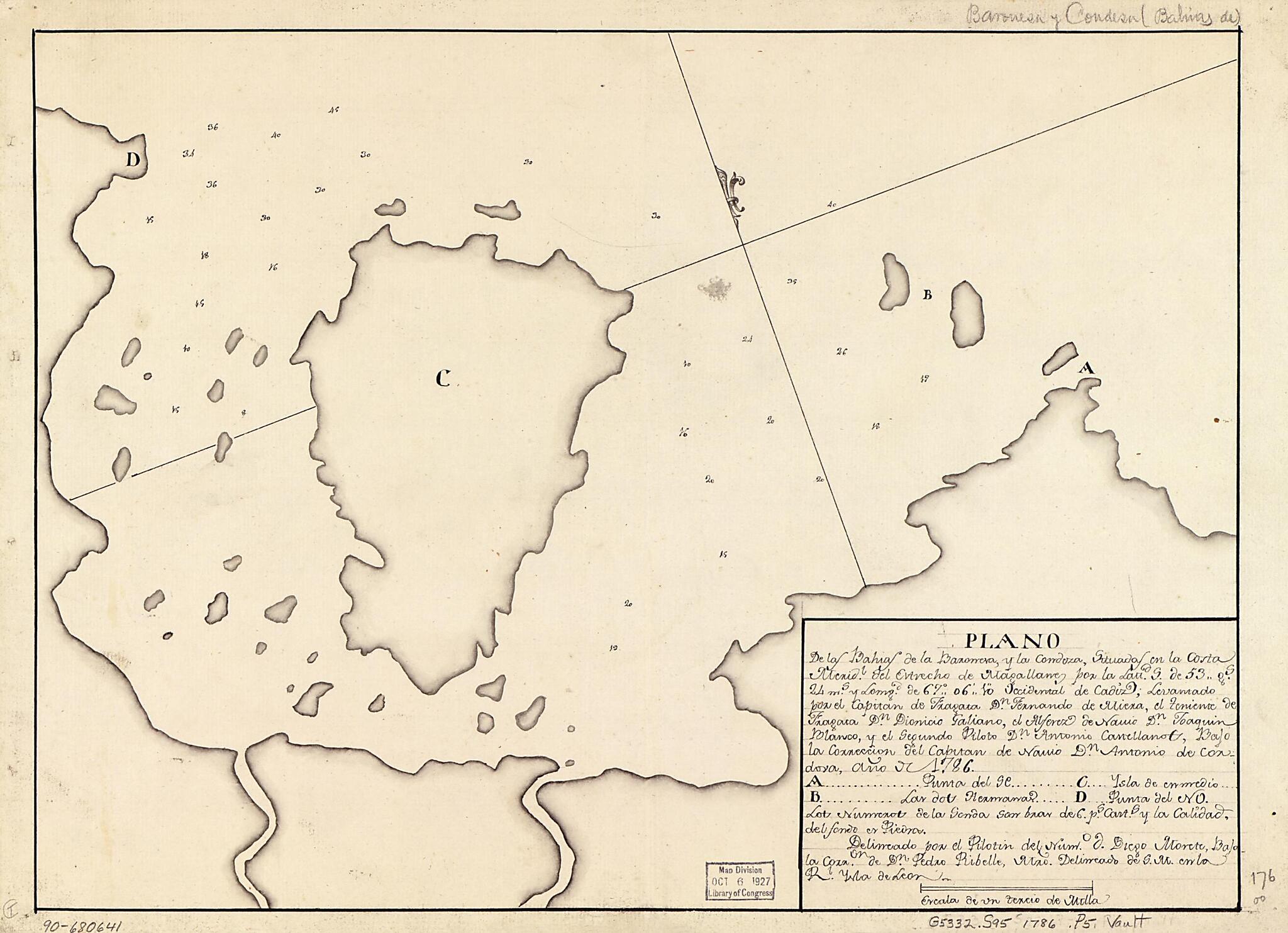 This old map of Plano De Las Bahías De La Baronesa Y La Condoza Situadas En La Costa Meridl. Del Estrecho De Magallanes Por La Lattd. S. De 53 Gs. 24 Ms. Y Longd. De 67⁰06ʹ10ʺ Occidental De Cádiz from 1786 was created by Fernando De Miera, Diego Mo