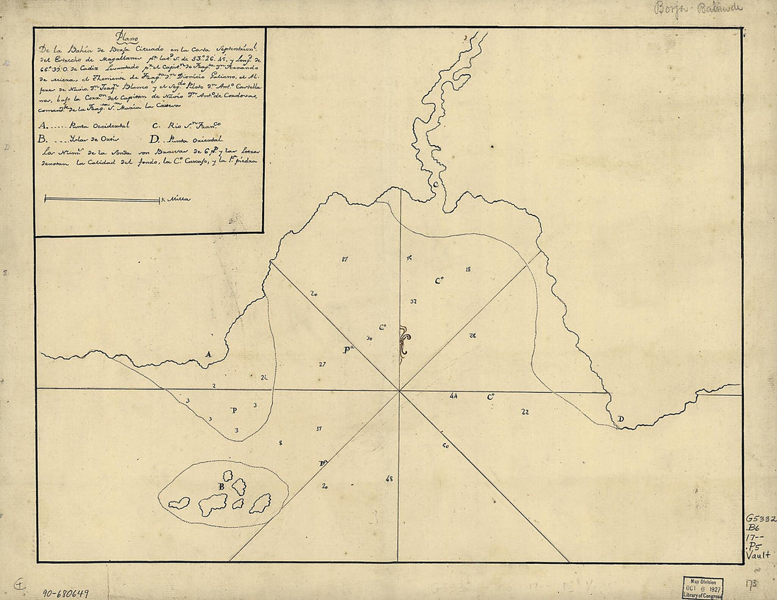 This old map of Plano De La Bahía De Borja Cituado En La Costa Septentrionl. Del Estrecho De Magallanes Pr. Latd. S. De 53⁰26ʹ45ʹ sic Y Longd. De 66⁰39ʹ O. De Cádiz from 1700 was created by Fernando De Miera in 1700