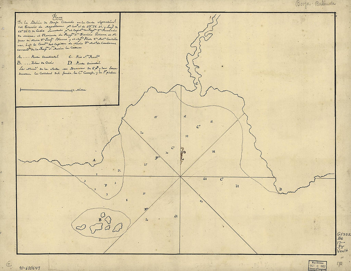 Plano De La Bahía De Borja Cituado En La Costa Septentrionl. Del Estrecho De Magallanes Pr. Latd. S. De 53⁰26ʹ45ʹ sic Y Longd. De 66⁰39ʹ O. De Cádiz 1700 by Relic Map Company