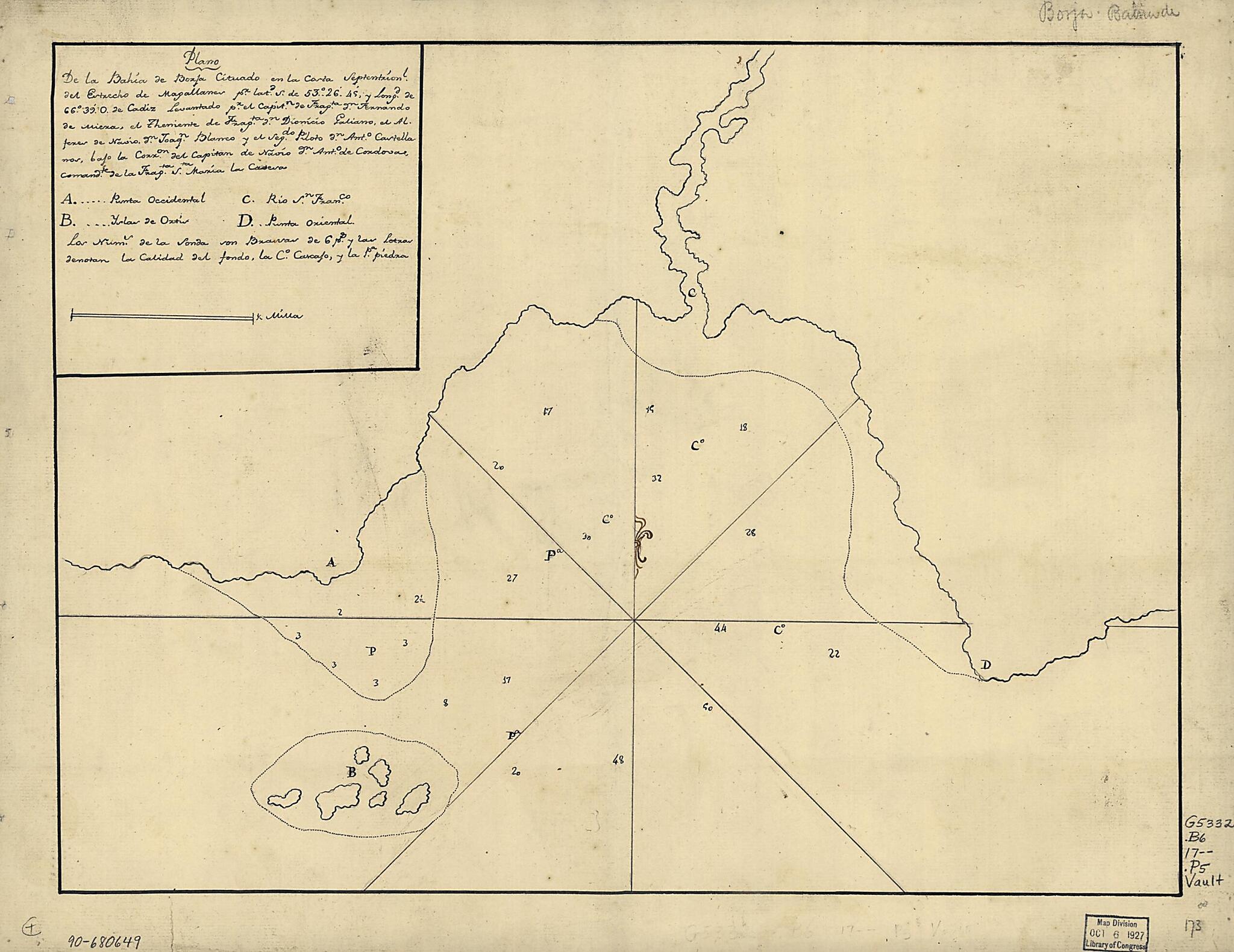 This old map of Plano De La Bahía De Borja Cituado En La Costa Septentrionl. Del Estrecho De Magallanes Pr. Latd. S. De 53⁰26ʹ45ʹ sic Y Longd. De 66⁰39ʹ O. De Cádiz from 1700 was created by Fernando De Miera in 1700