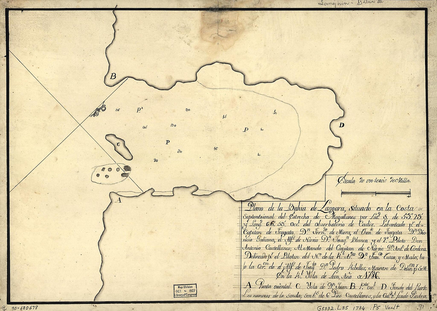 This old map of Plano De La Bahía De Lángara Situado En La Costa Septemtrional Del Estrecho De Magallanes Por Latd. S. De 53⁰23ʹ Y Longd. 66⁰53ʹ Occl. Del Obserbatorio De Cádiz from 1786 was created by Fernando De Miera, Francisco Tutor Y Malo i