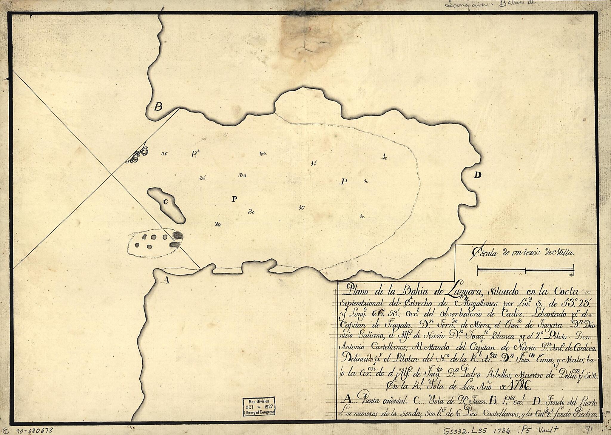 This old map of Plano De La Bahía De Lángara Situado En La Costa Septemtrional Del Estrecho De Magallanes Por Latd. S. De 53⁰23ʹ Y Longd. 66⁰53ʹ Occl. Del Obserbatorio De Cádiz from 1786 was created by Fernando De Miera, Francisco Tutor Y Malo i
