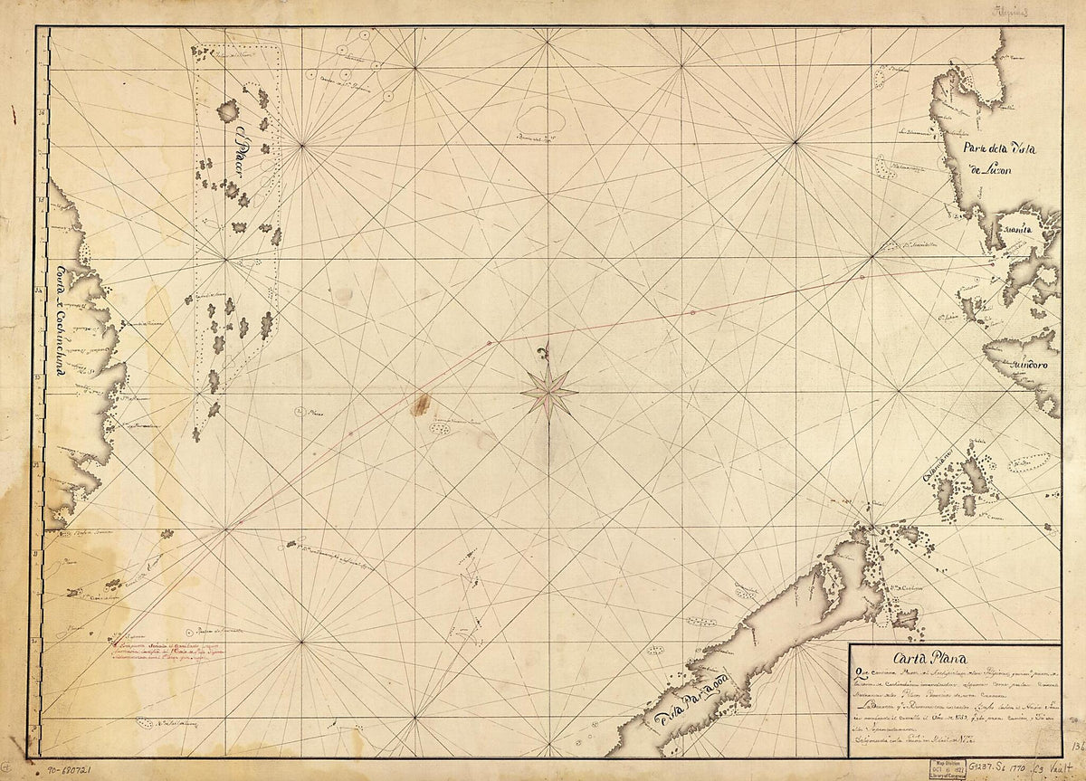 Carta Plana Que Contiene Parte Del Archipielago De Las Philipinas Y ... Parte De La Costa De Cochinchina Emendadas Algunas Cosas Por Las ... Modernas De Los Pilotos Practicos De Esta Carrera : La Derrota Qe. Se Demuestra Entre Los Bajos ... El Navio F... by Relic Map Company