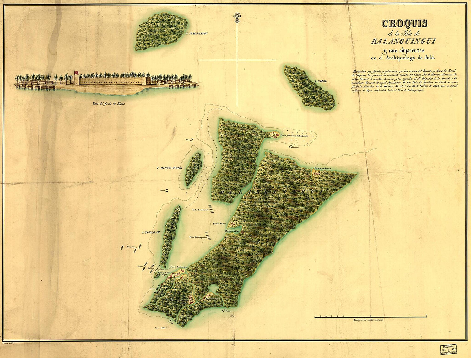 This old map of Croquis De La Ysla De Balanguingui Y Sus Adyacentes En El Archipielago De Jolo : Destruidos Sus Fuertes Y Poblaciones Por Las Armas Del Egército sic Y Armada Naval De Filipinas, Las Primeras Al Inmediato Mando Del Exmo. Sor. D. Narciso C