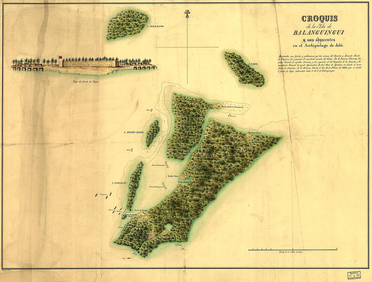 Croquis De La Ysla De Balanguingui Y Sus Adyacentes En El Archipielago De Jolo : Destruidos Sus Fuertes Y Poblaciones Por Las Armas Del Egército sic Y Armada Naval De Filipinas, Las Primeras Al Inmediato Mando Del Exmo. Sor. D. Narciso Claveria, Capi... by Relic Map Company