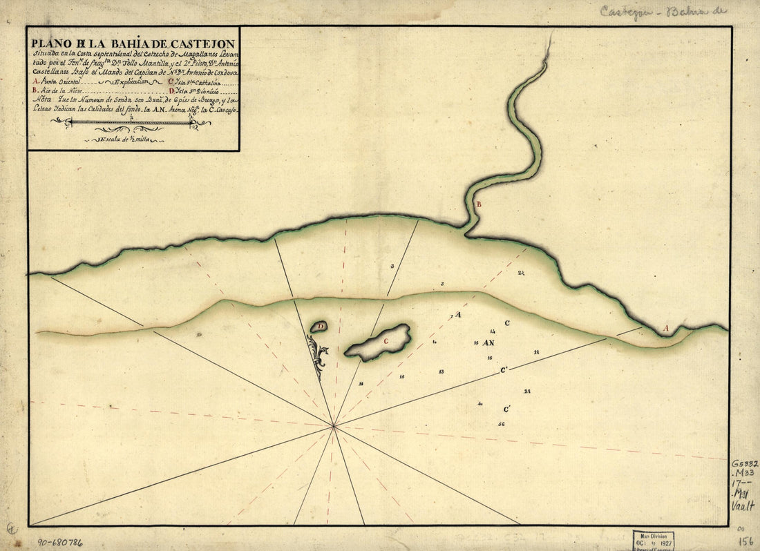 This old map of Plano De La Bahía De Castejón Situada En La Costa Septentrional Del Estrecho De Magallanes from 1700 was created by Antonio Castellanos, Tello Mantilla in 1700
