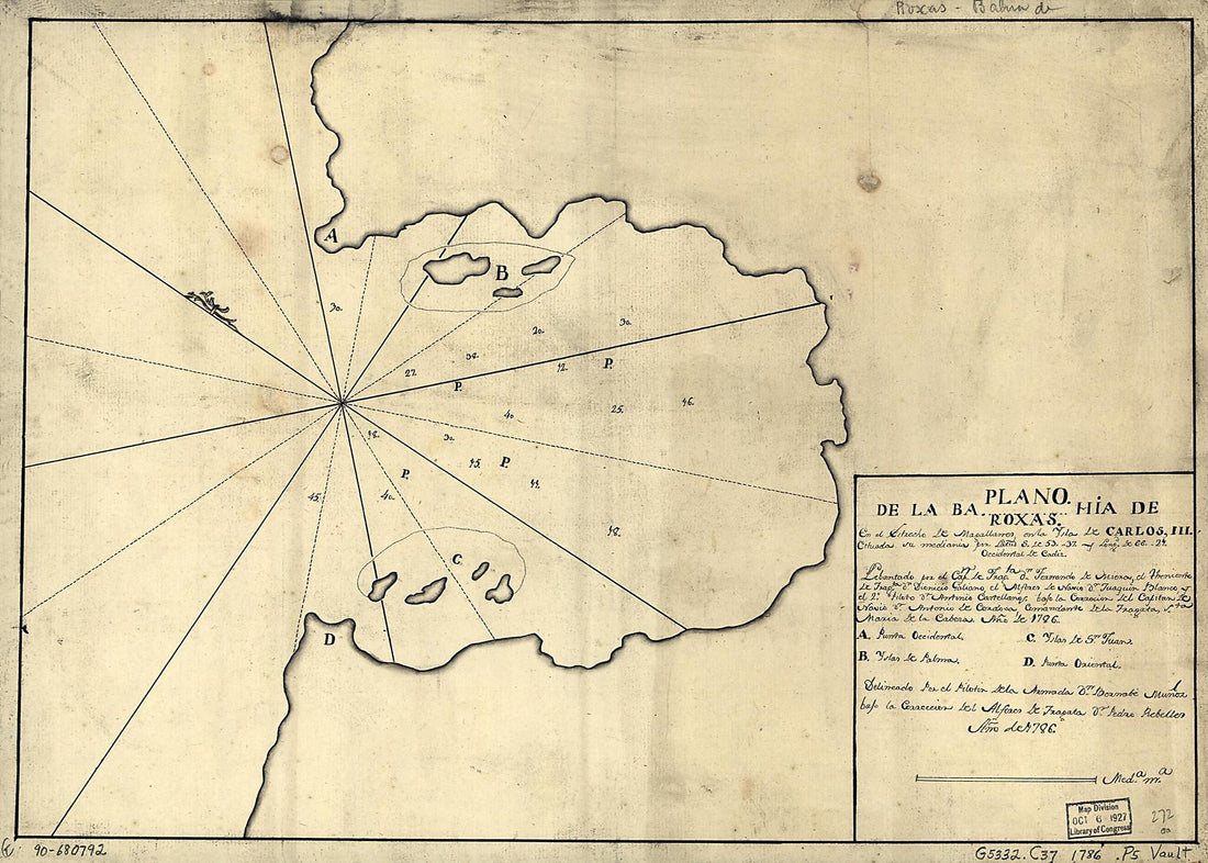 This old map of Plano De La Bahía De Roxas En El Estrecho De Magallanes En La Ysla De Carlos III Cituada Su Mediania Por Latud S. De 53 37 Y Longd. De 66 21, Occidental De Cádiz from 1786 was created by Fernando De Miera, Bernabe Muñoz in 1786