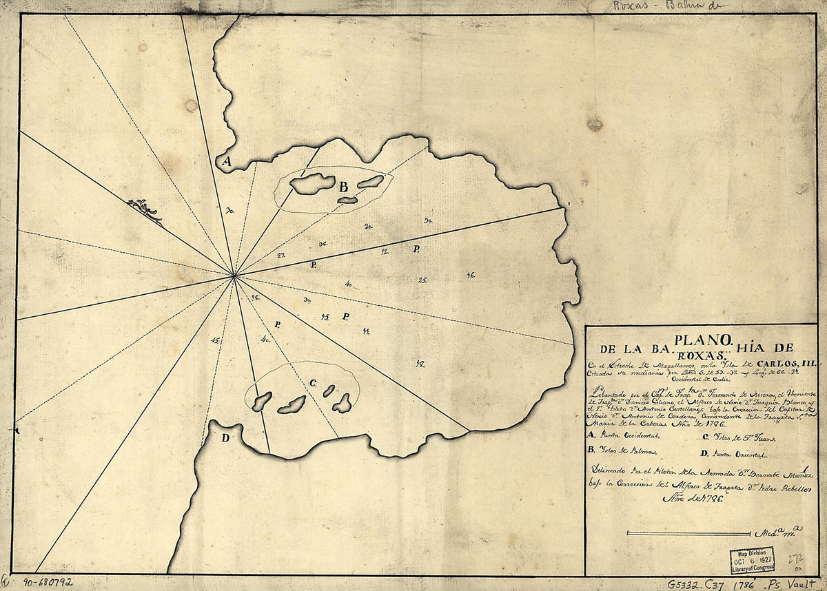 Plano De La Bahía De Roxas En El Estrecho De Magallanes En La Ysla De Carlos III Cituada Su Mediania Por Latud S. De 53 37 Y Longd. De 66 21, Occidental De Cádiz 1786 by Relic Map Company